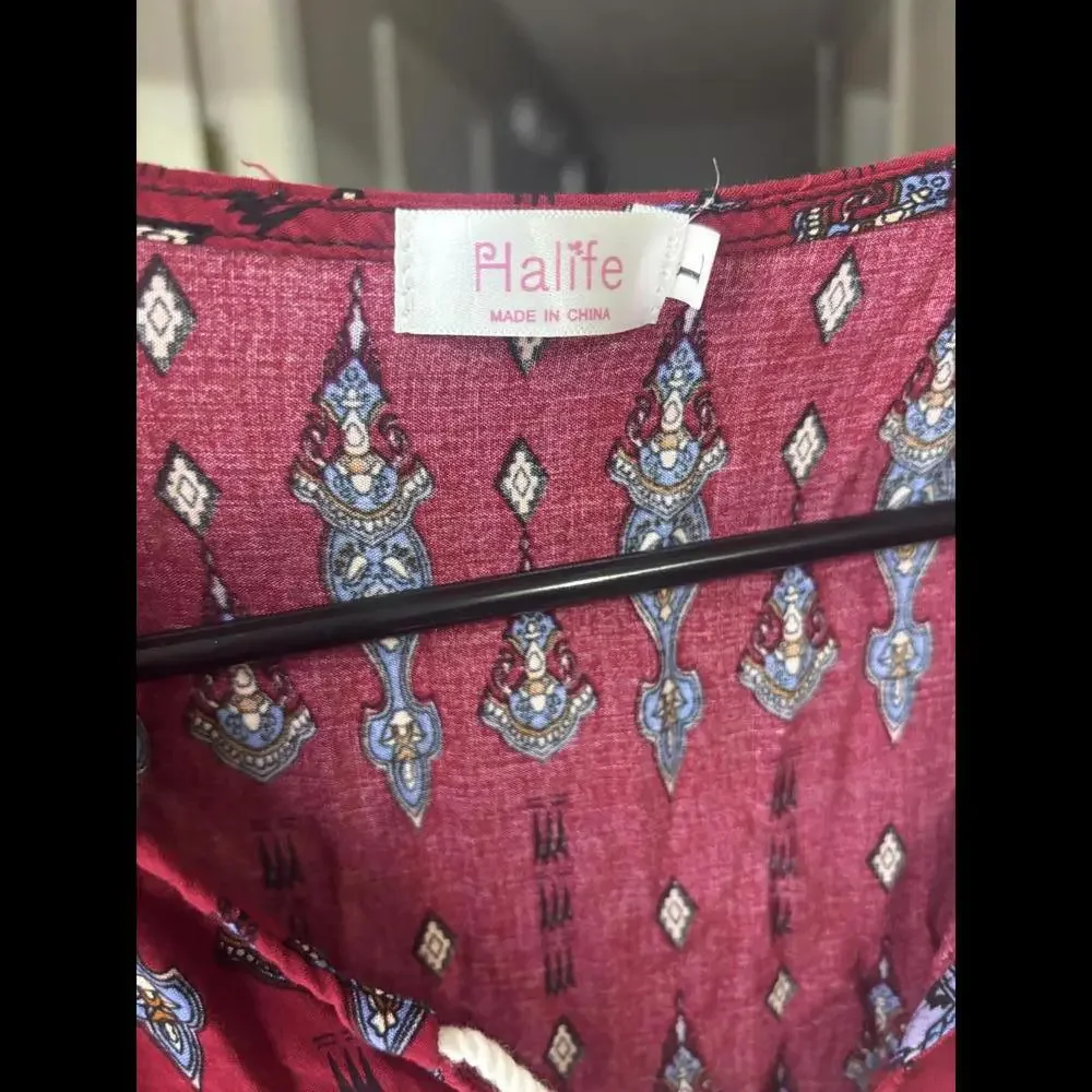 Halife Boho Chic Tunic Dress - Vibrant Red & Colorful Print - Picture 2 of 3